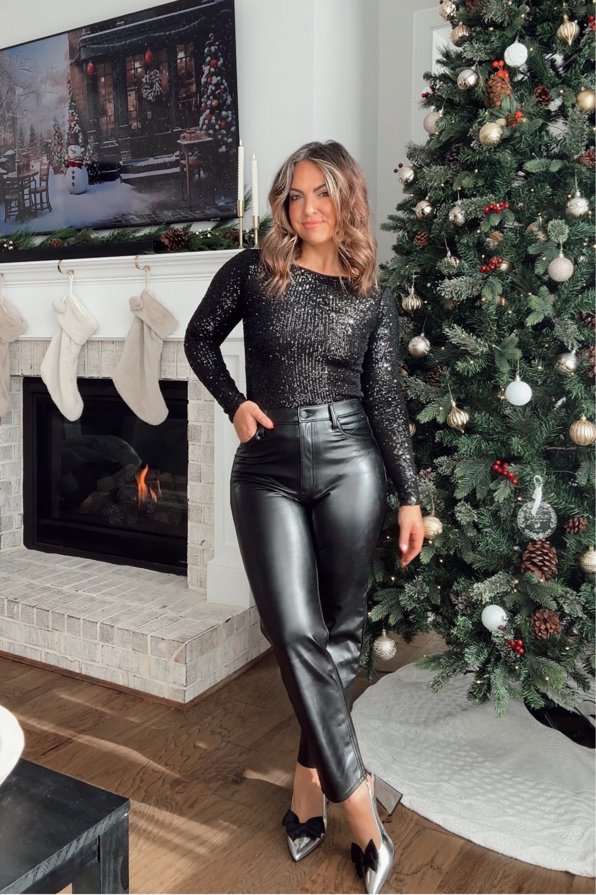 Holiday party outfit inspo! Leather pants, sparkly long sleeve top, and metallic heels!

#LTKHoliday #LTKSeasonal