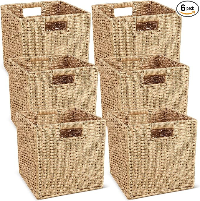 6 Pcs Wicker Storage Baskets 10.5 x 10.5in Cube Storage Bin Organizer Camel Square Foldable Wicke... | Amazon (US)