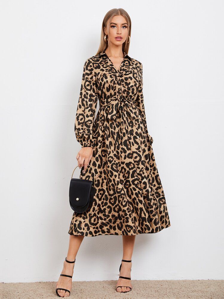 SHEIN leopard Print Twist Front Belted Dress | SHEIN