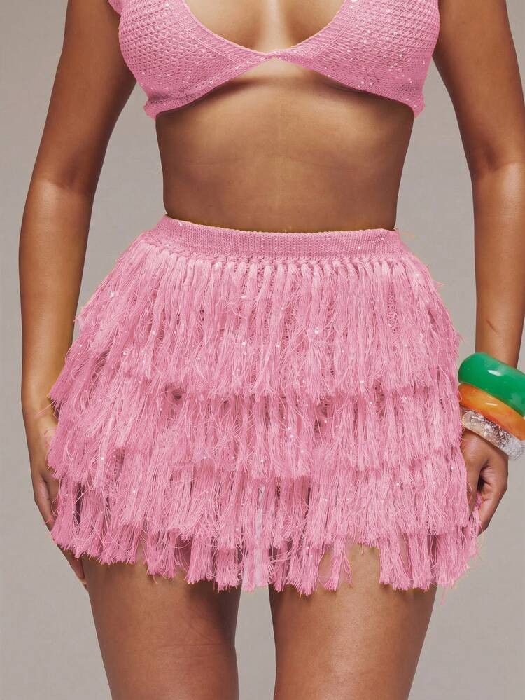 MUSERA Sequin Crochet Knit Tiered Fringed Mini Skirt Spring Summer Ibiza Festival Holiday Vacatio... | SHEIN