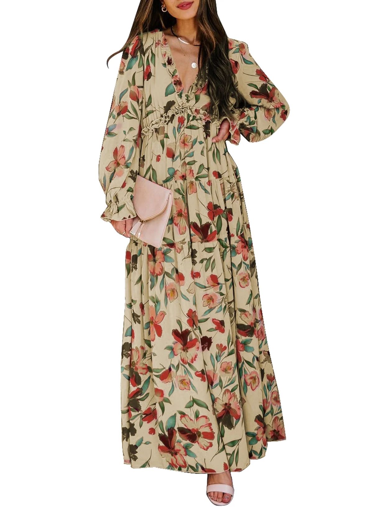 Dokotoo Women's Apricot Floral Maxi Dresses Casual Deep V Neck Long Sleeve Evening Dress Cocktail... | Walmart (US)