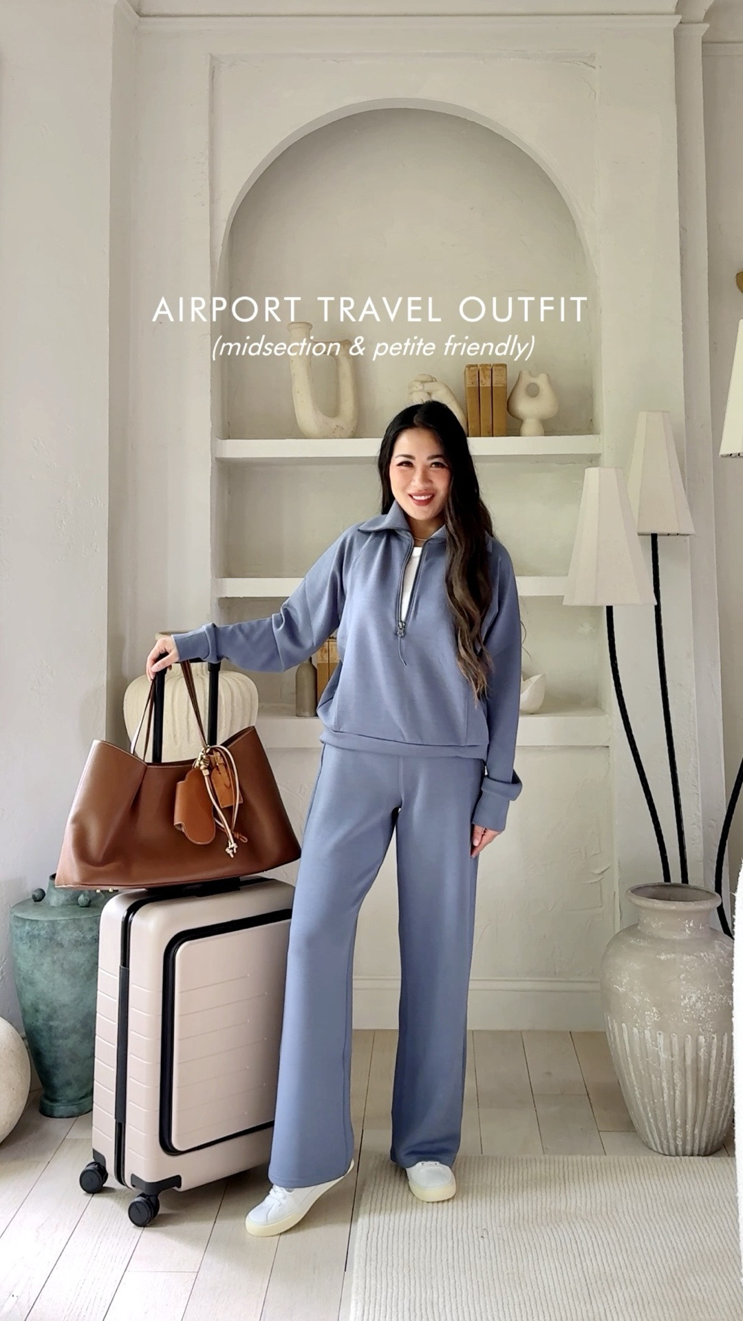 For size reference, I’m 5 ft 115 pounds and wearing a size Small in the half zip and size Small Petite in the pants. I sized up on purpose (more comfort for traveling). My TTS in this set is XS.

Airport travel outfit ✈️ This set is so soft and comfortable! Lightweight and breathable, so it’s perfect as a warm weather travel outfit.

#LTKTravel #LTKPetite #LTKOver40