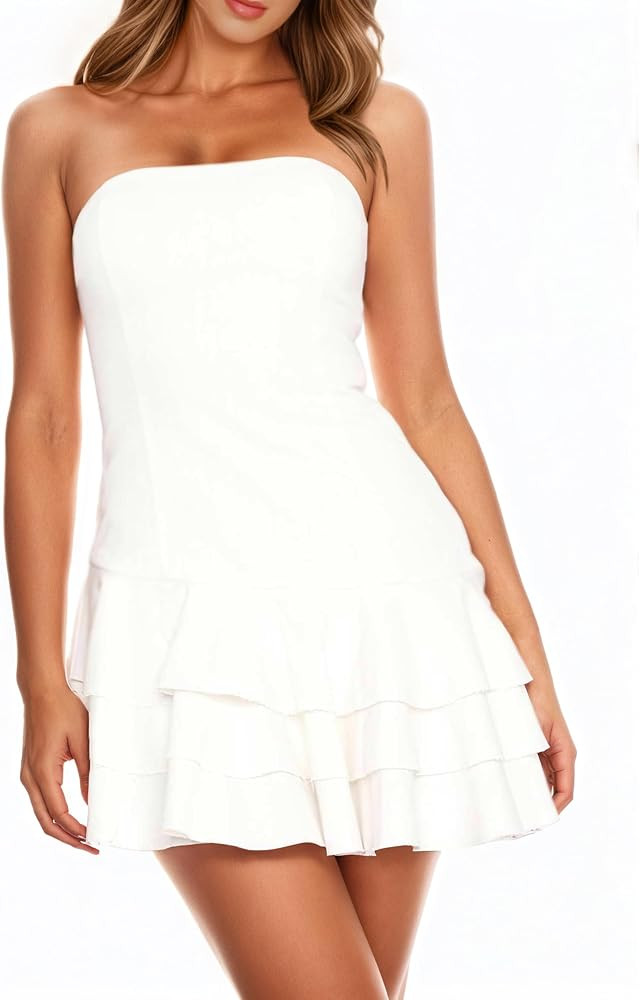 Meladyan Women's 2025 Summer Strapless Tube Dress Sexy Off Shoulder Ruffle Tiered Flowy Mini Dres... | Amazon (US)