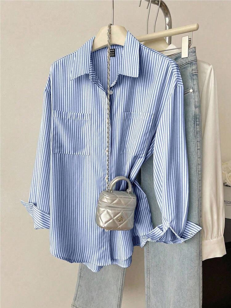 Elamini Women's Drop Shoulder Long Sleeve Striped Shirt,Long Sleeve Tops Fall Cloth For Women | SHEIN