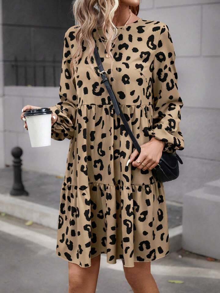 SHEIN LUNE Allover Print Lantern Sleeve Ruffle Hem Smock Dress | SHEIN