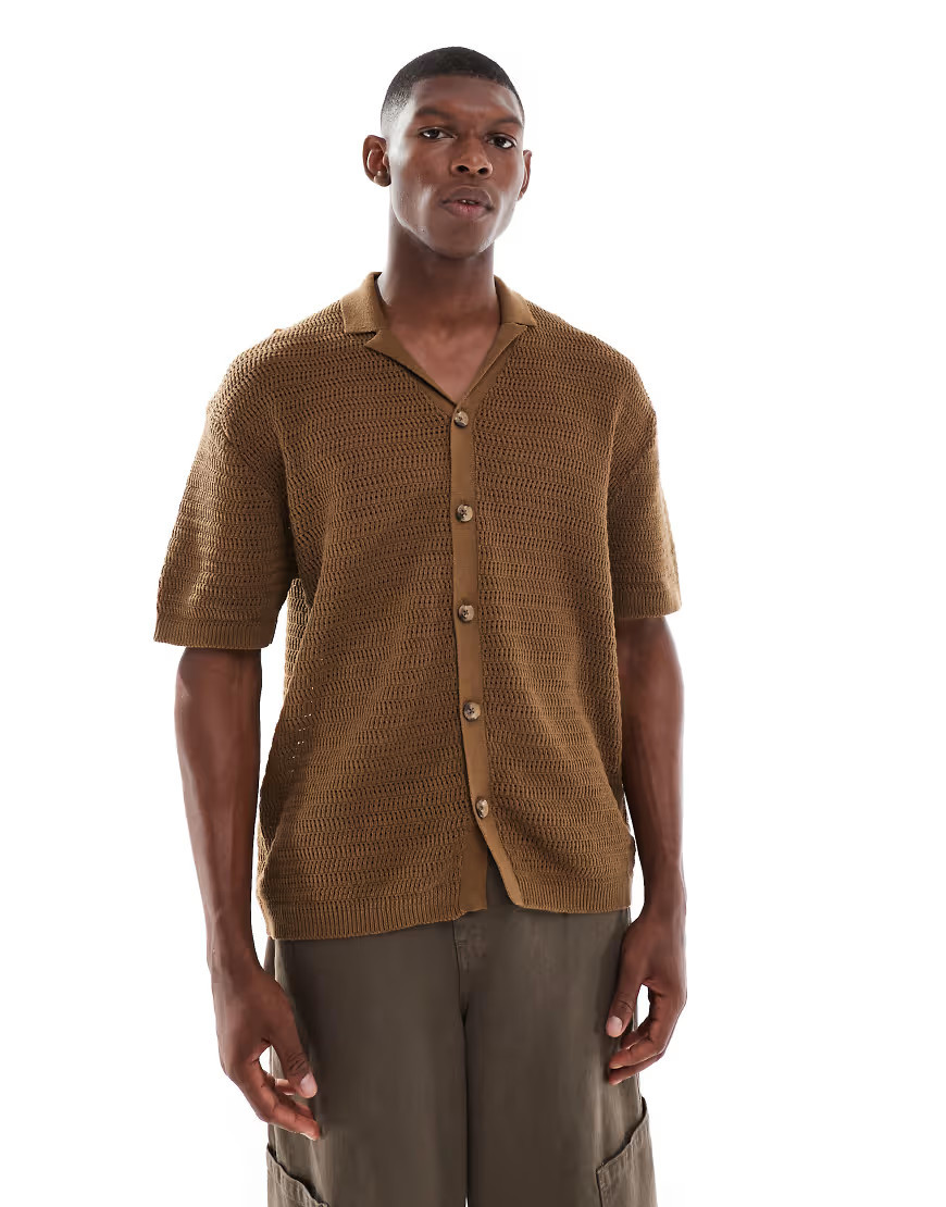 ONLY & SONS relaxed fit crochet shirt with camp collar in brown | ASOS (Global)