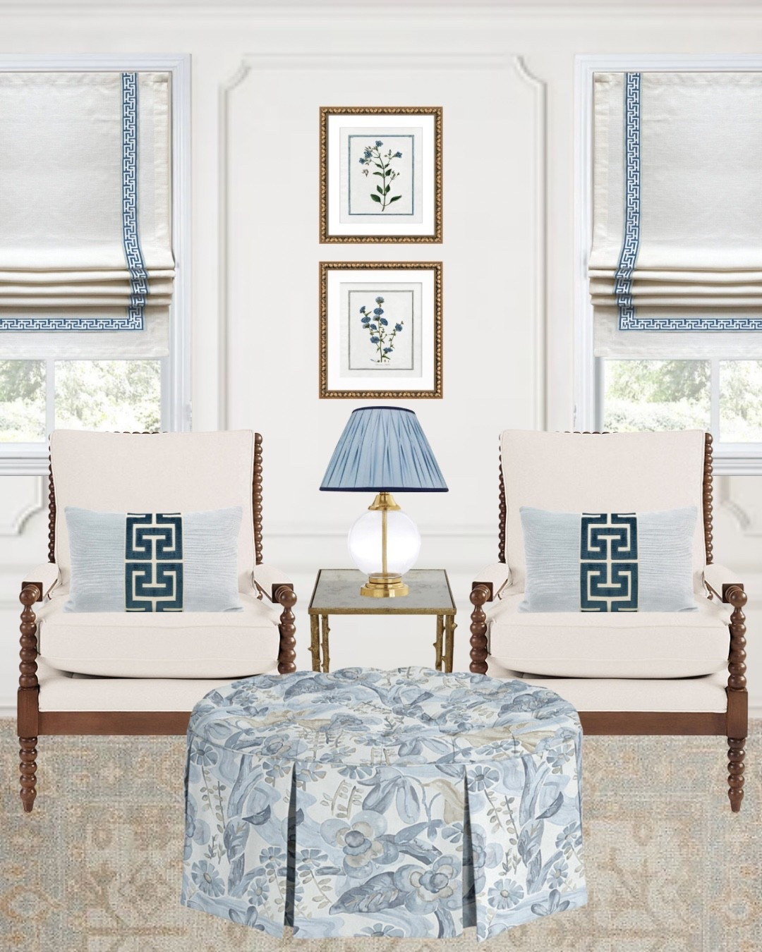 A timeless grandmillennial living room layered in soft blues, tailored details, and classic charm. 💙

From the Greek key trim on the Roman shades to the botanical prints and warm wood accents, this grandmillennial sitting area blends traditional design with a fresh, updated feel. Symmetry, pattern mixing, and heirloom-inspired touches create a space that feels both elegant and inviting—proof that classic style never goes out of fashion.

#LTKSaleAlert #LTKHome