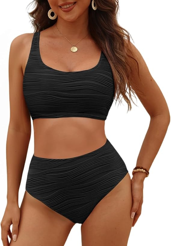 VIMPUNEC High Waisted Bikini Sets for Women Two Piece Tummy Control Swimsuits Sporty High Cut Bat... | Amazon (US)