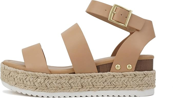 Soda Bryce Espadrille Wedge Sandal with Open Toe Buckle and Ankle Strap | Amazon (US)