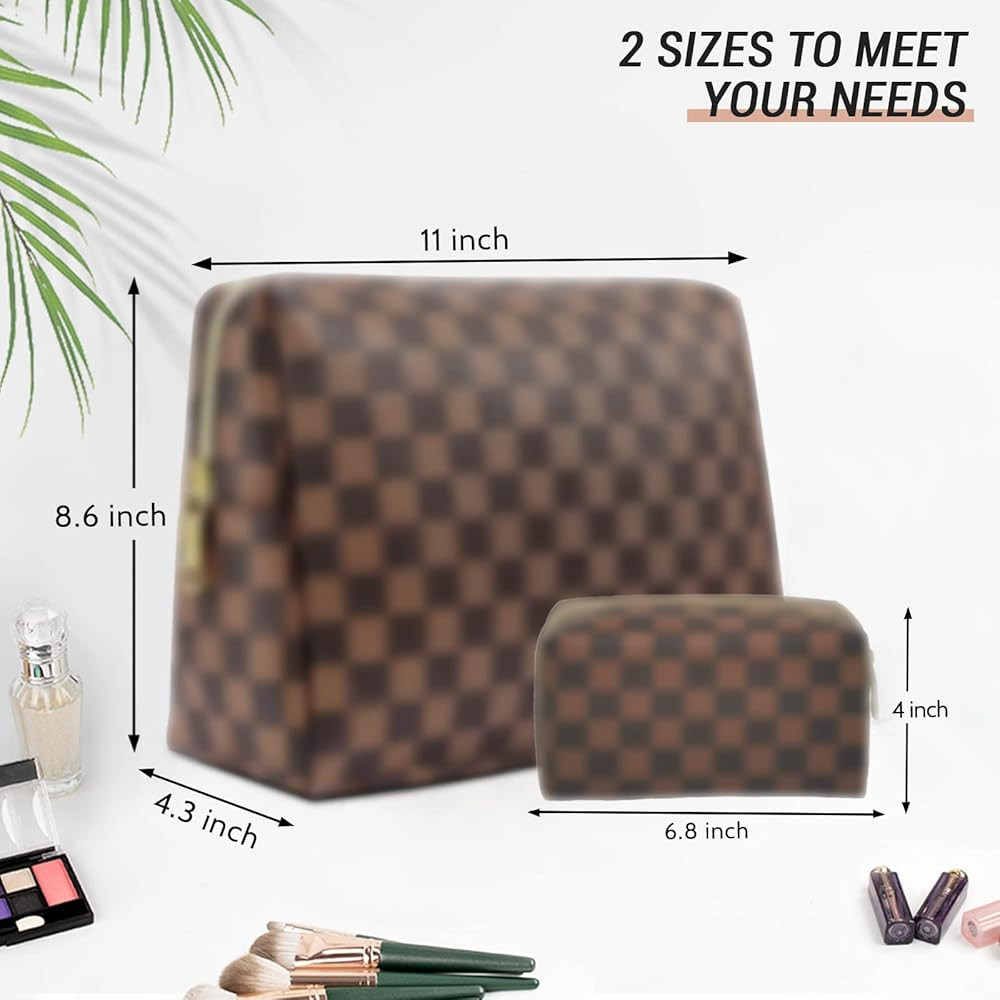 Checkered Makeup Bag, 2 Pcs Portable Leather Cosmetic Bag, Travel Toiletry Bag for Women, PERFECT... | Amazon (US)
