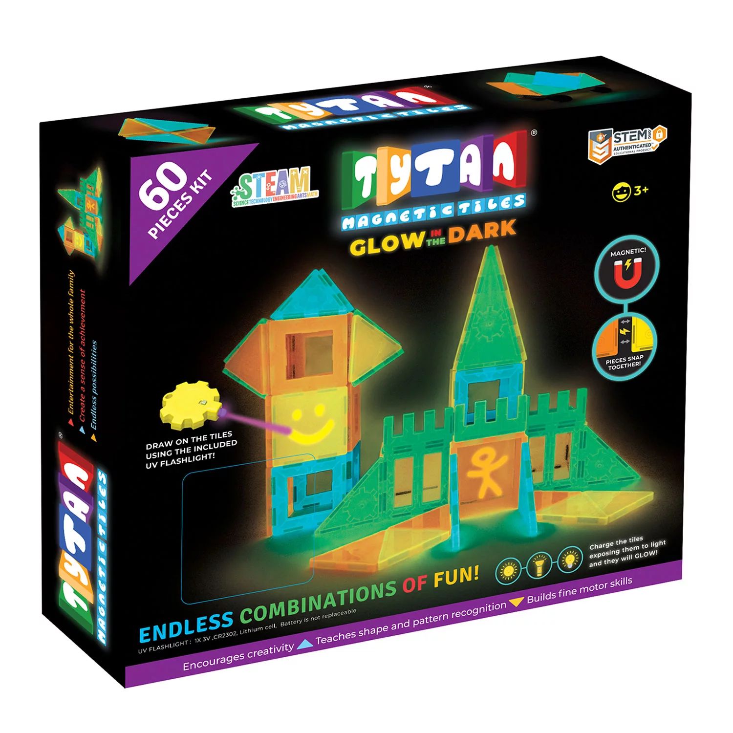 Tytan Glow-in-the-Dark Magnetic Learning Tiles, 60 Piece Building Set Focused on STEM Education w... | Sam's Club