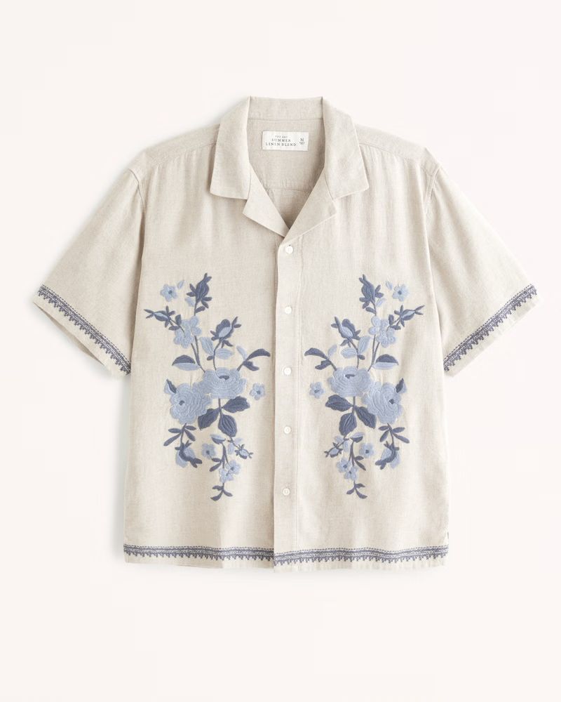 Abercrombie & Fitch Men's Camp Collar Summer Linen-Blend Embroidered Shirt in Taupe Pattern - Size S | Abercrombie & Fitch (US)