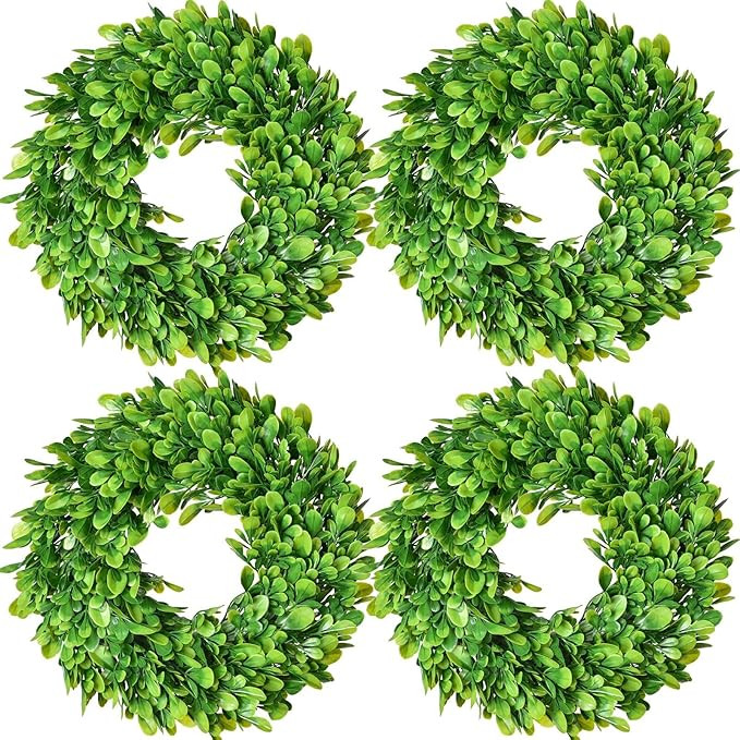 Lvydec 4 Pack Artificial Small Boxwood Wreath Decoration - 11" Mini-Sized Green Candle Wreath for... | Amazon (US)