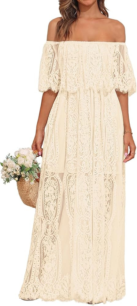 Holipick Women's Off Shoulder Lace Maxi Dress Boho Wedding Guest Bridesmaid Beach Formal Long Dre... | Amazon (US)