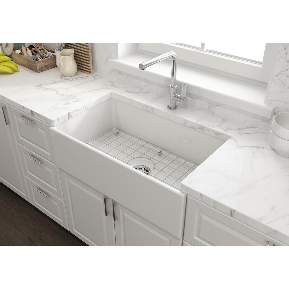 Glacier Bay Farmhouse Apron-Front Fireclay 33 in. Single Bowl Kitchen Sink in White with Grid | The Home Depot