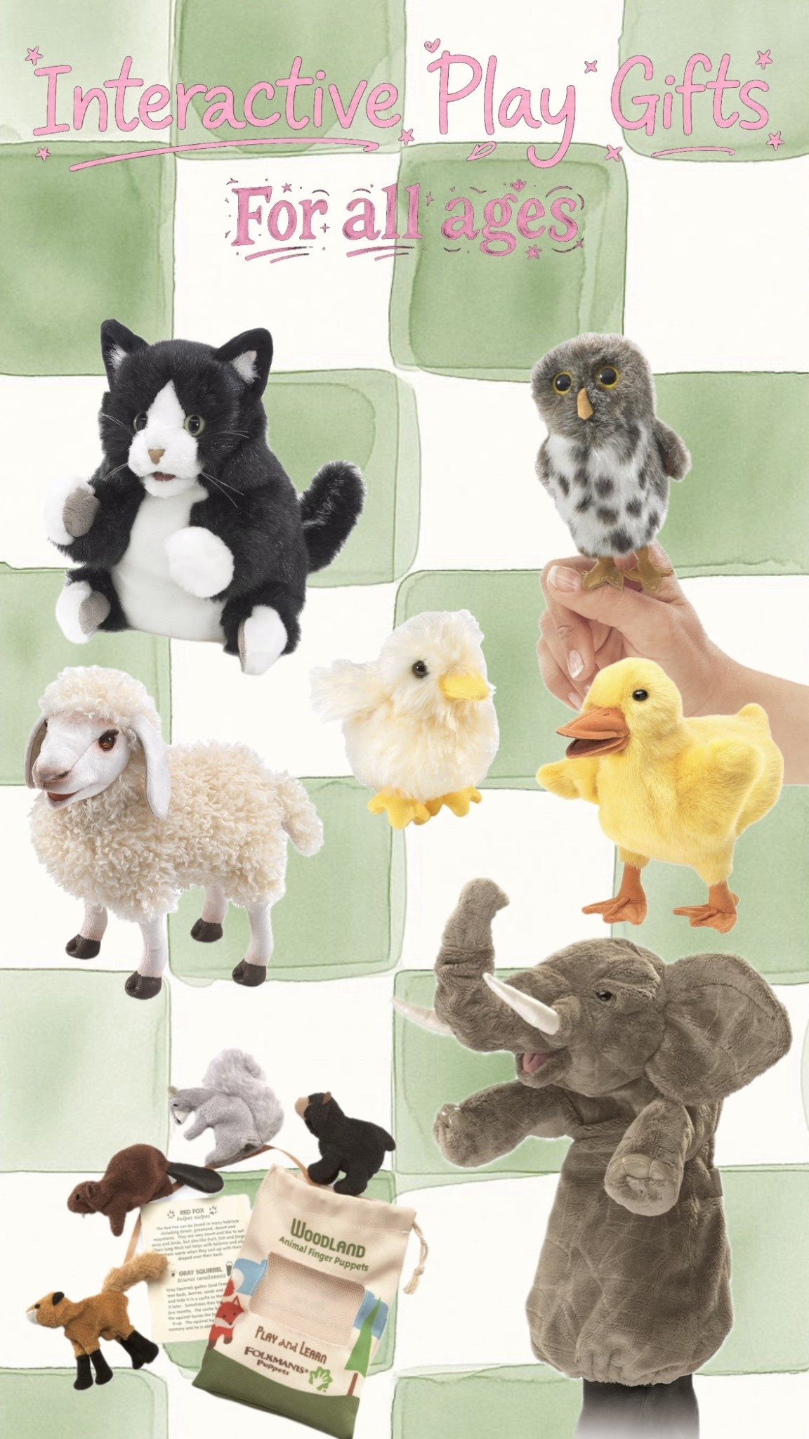 Interactive Play Gifts 🧸💫
For All Ages — Toddlers to Big Kids!

Bring imagination to life with these realistic plush animal puppets and interactive storytelling toys that make playtime truly magical! Perfect for screen-free fun, emotional learning, sensory play, and open-ended creativity 🌿

🦉 Woodland & Farm Animal Puppets
– Realistic movement and soft plush texture
– Great for pretend play, puppet shows, & early language development
– Encourages imaginative storytelling and role-playing

🐘 Large Hand Puppets (like the Elephant)
– Ideal for interactive reading and sensory engagement
– Builds confidence, empathy & expressive skills
– Fun for parents, teachers & therapists too!

🦊 Finger Puppet Sets
– Compact & travel-friendly learning toys
– Great for fine-motor development and story sequencing
– Encourages independent play or bonding time with caregivers

🐑 Educational & Montessori-Inspired Play
– Promotes creativity, vocabulary, and emotional intelligence
– Perfect for classrooms, sensory bins, or pretend play corners
– Soft, durable, and heirloom-quality gifts

✨ Ideal for: babies • toddlers • preschoolers • homeschool playrooms • speech therapy • family storytime

Save this post for holiday gifting ideas, educational toys & imaginative play favorites 💖


#LTKGiftGuide #LTKBaby #LTKKids