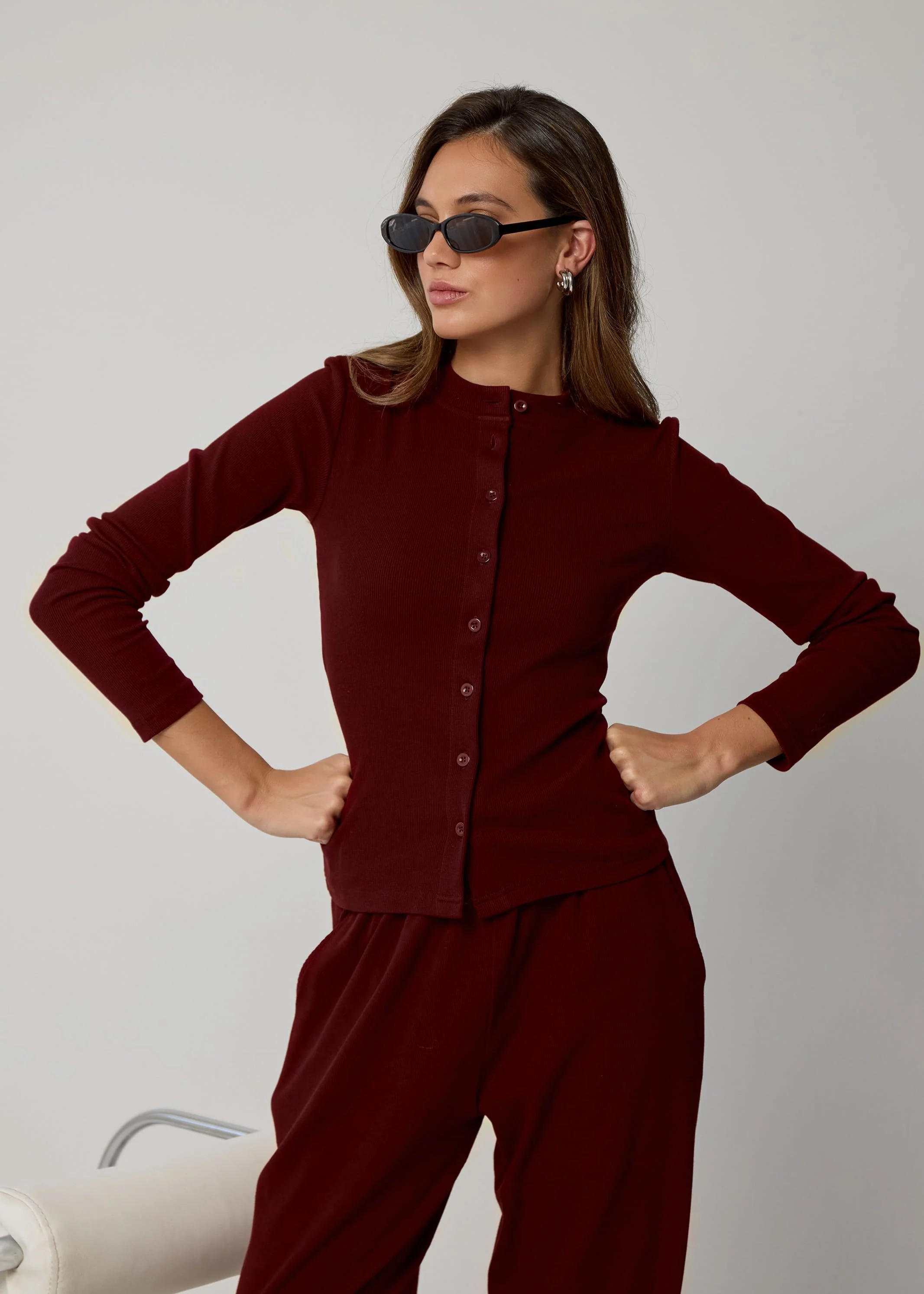 LONG SLEEVE RIBBED TOP - BURGUNDY | WAT The Brand