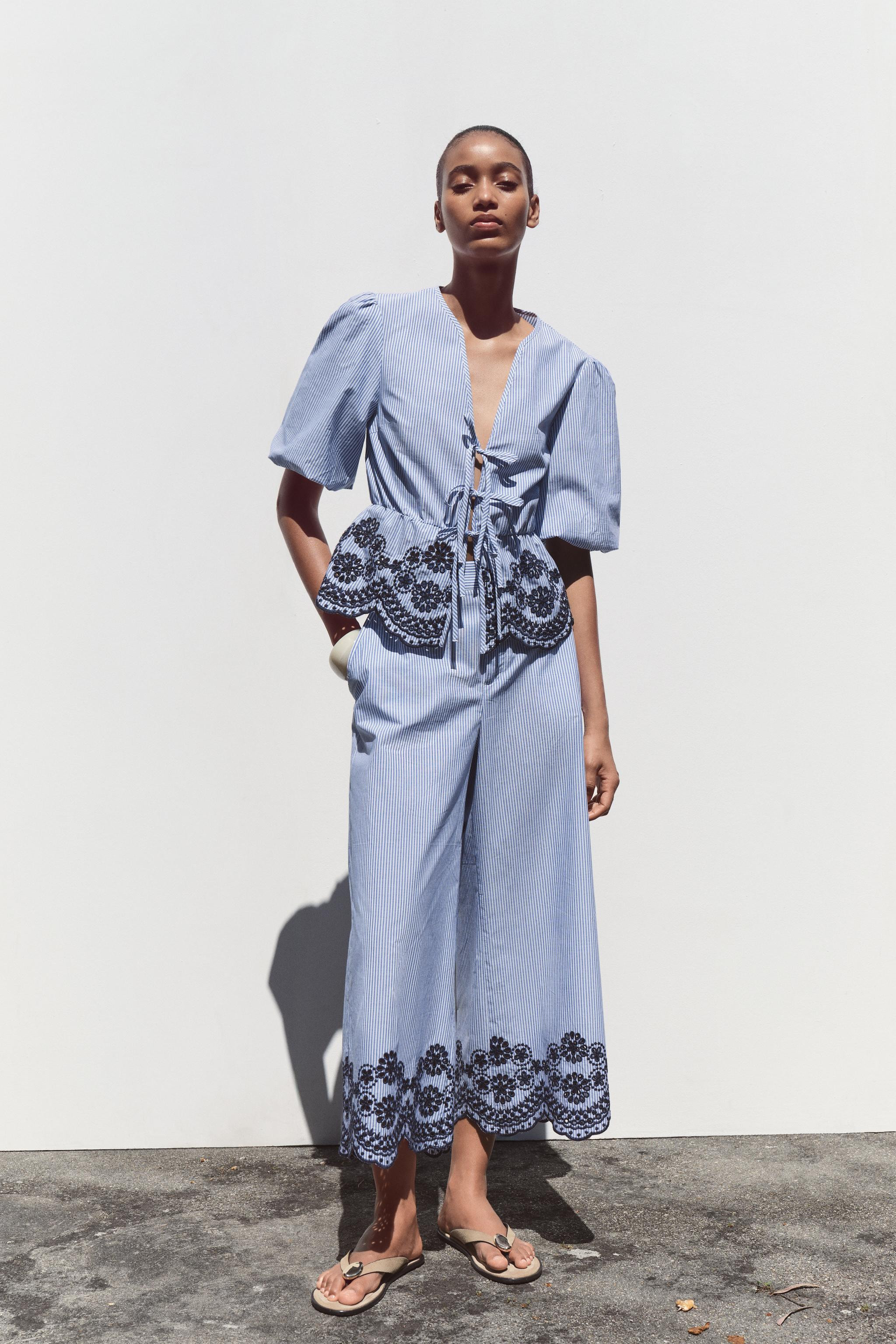 STRIPED EMBROIDERED TOP | Zara UK