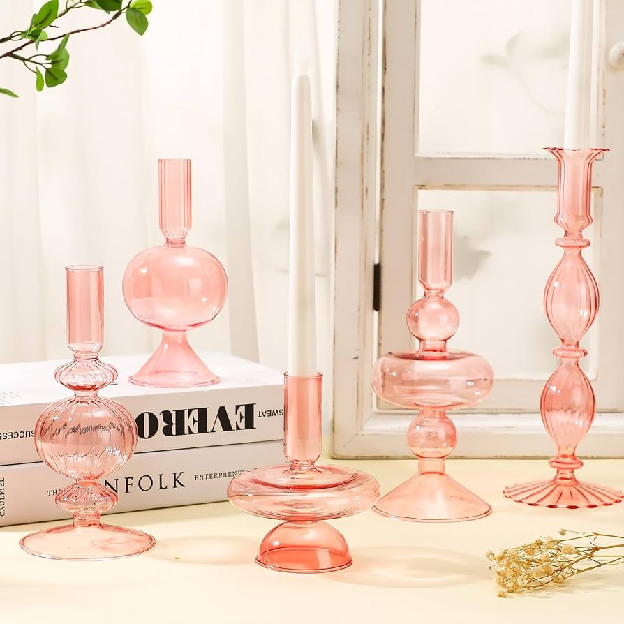 Nuogo 5 Pieces Glass Candlestick Holders Colored Glass Taper Candle Holder Candlestick Christmas ... | Amazon (US)
