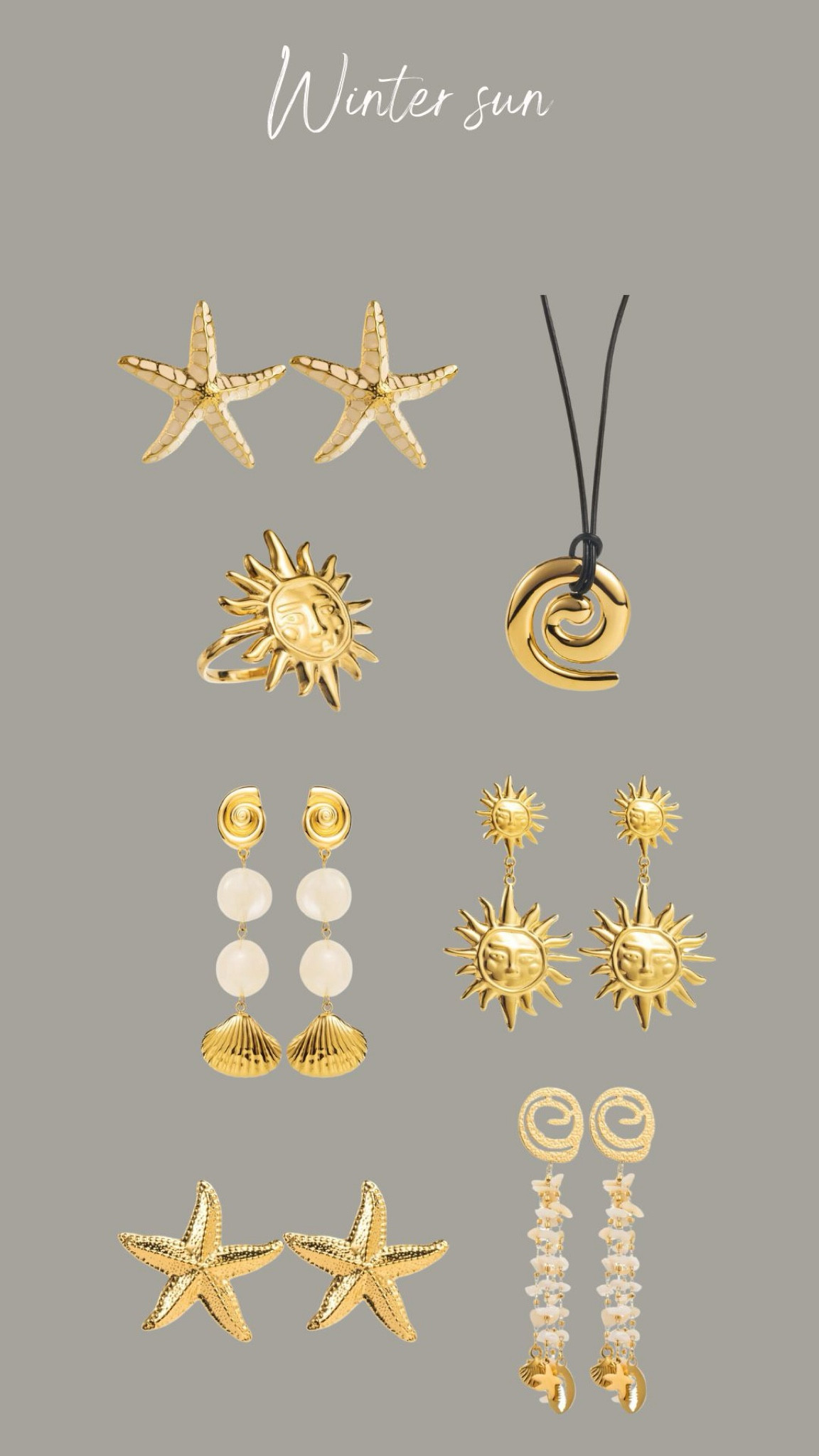 Winter sun edit - holiday jewellery 

All from OutDazl, they stock the best holiday pieces! Gold jewellery, shell necklace, starfish earrings, cord necklace 

#LTKuk