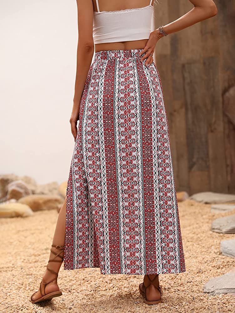 Milumia Women's Boho Floral Print Ruffle Hem High Waist A Line Flowy Long Maxi Skirt | Amazon (US)