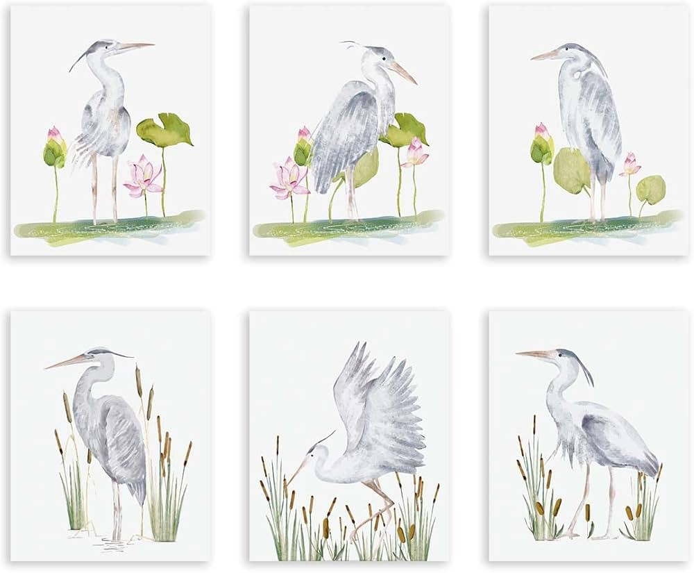 XUOIAYNB Watercolor Heron Art Print- Crane with Lotus Reed Canvas Wall Art- (8”X10”X6 pcs, Un... | Amazon (US)