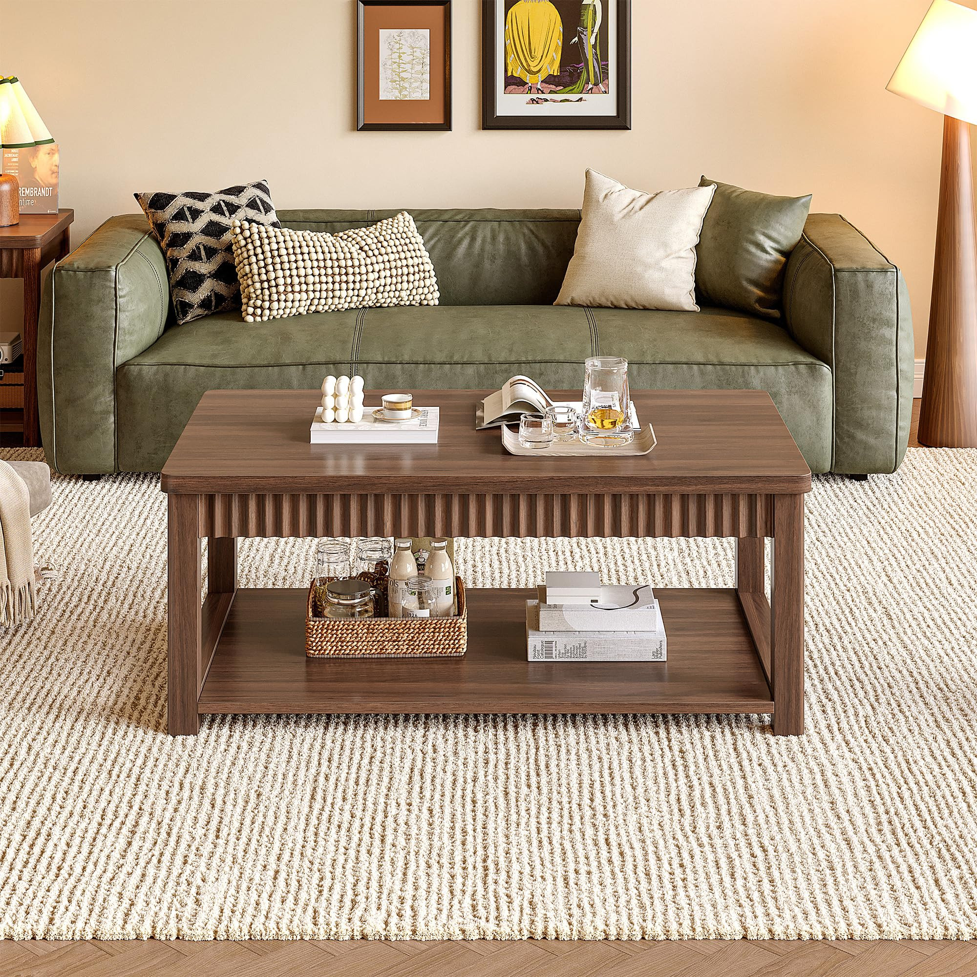 Coffee Table, 39 Inch Modern Coffee Tables for Living Room with 2-Tier Storage & Wave-Edge, Walnu... | Amazon (US)