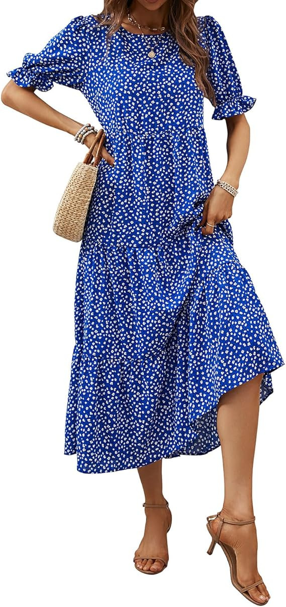 Naggoo Women's Summer Casual Boho Dress Floral Print Short Puff Sleeve Midi Beach Dresses | Amazon (US)