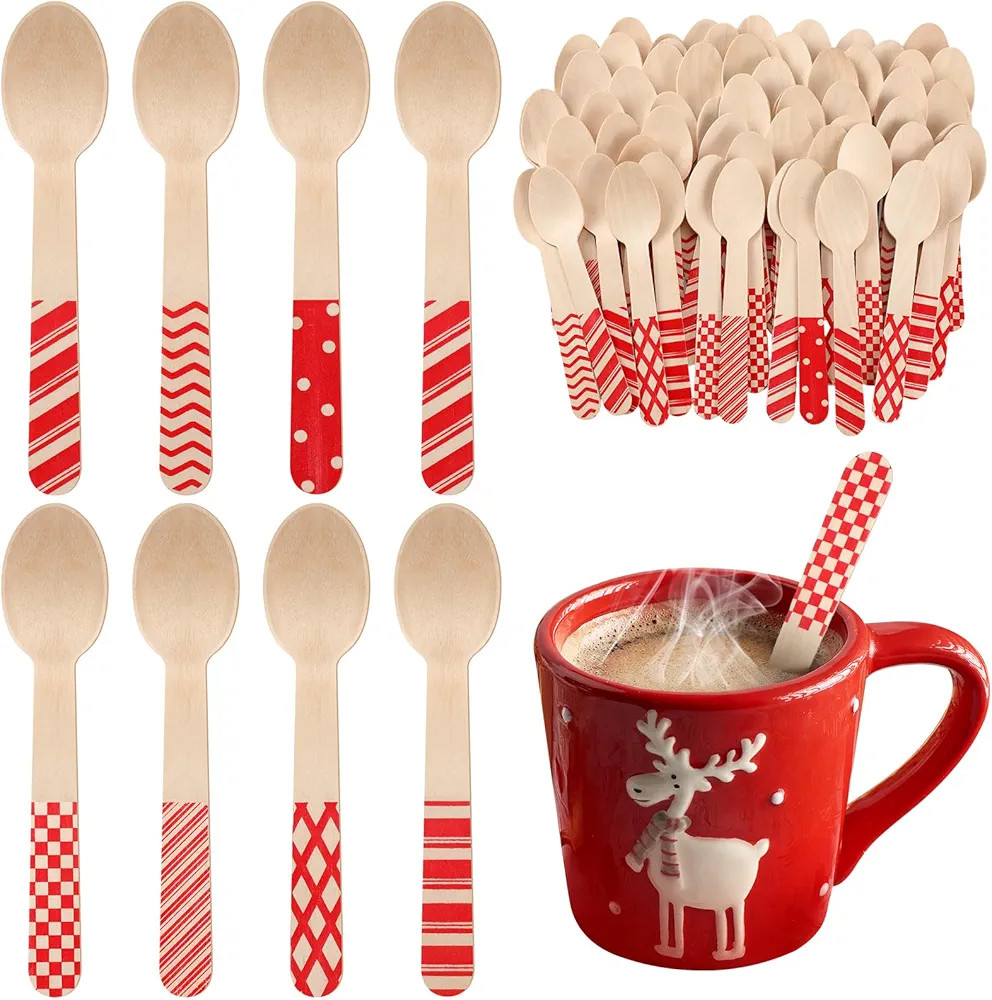 Uiifan 120 Pcs Christmas Disposable Wooden Spoons 5.5 Inches Striped Spoons with Red Stripes Cand... | Amazon (US)