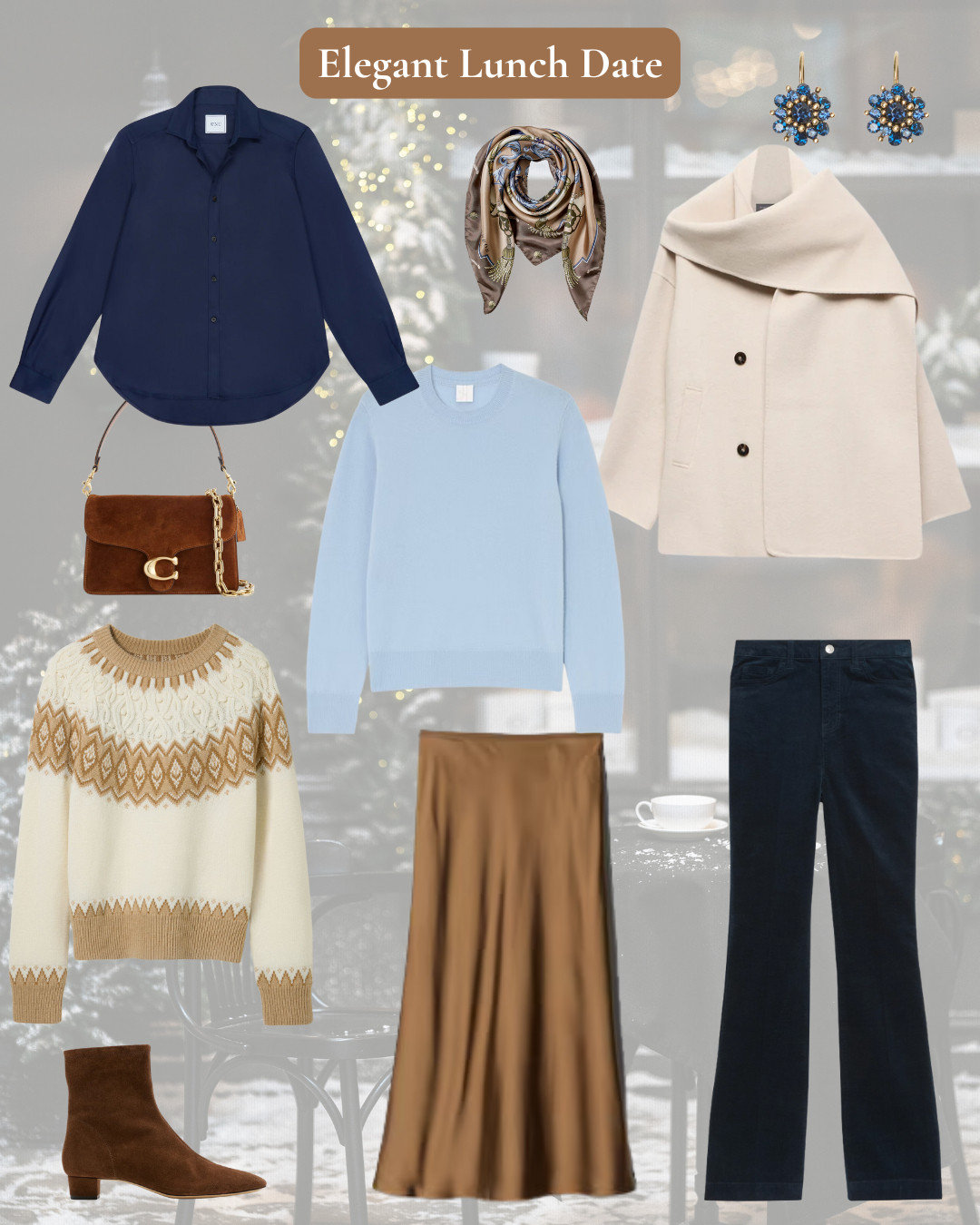 Soft neutrals mixed with navy for elegant lunches. Cream scarf jacket, fairisle sweater, bronze satin skirt, navy cords, rust suede boots and bag 

 #LTKwinter #LTKover50style #LTKstyletip