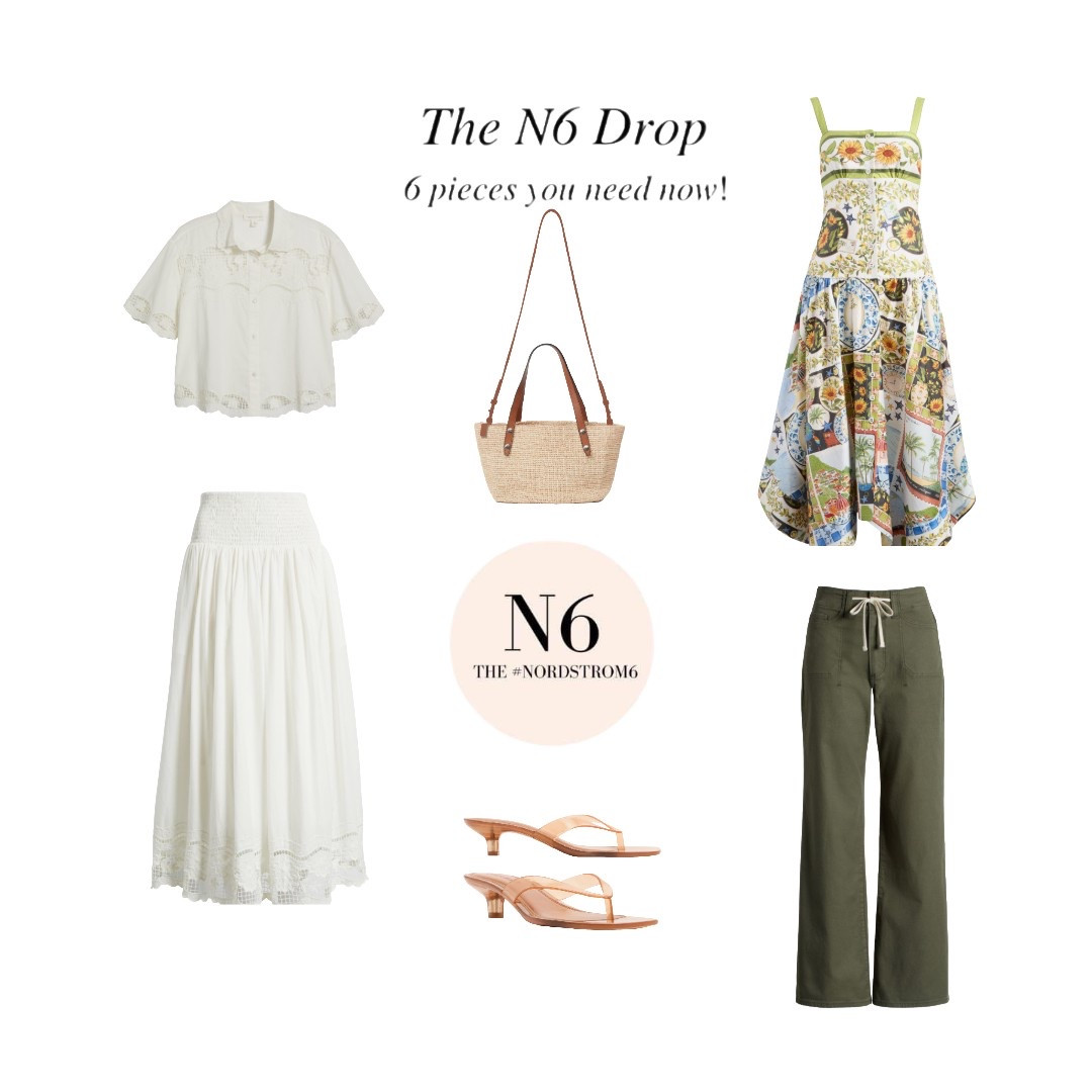 New month means a new Nordstrom Drop! These 6 pieces were chosen by a group of pro stylists to enhance your June style! 
Here’s a matching ivory top & skirt set from Treasure & Bond, a fun sundress from Farm Rio, drawstring cotton pants from Paige (avail in several colors), a straw bag by Rag & Bone and jelly thong sandals from Steve Madden. 

#LTKOver40 #LTKSummerEdit #LTKStyleTip