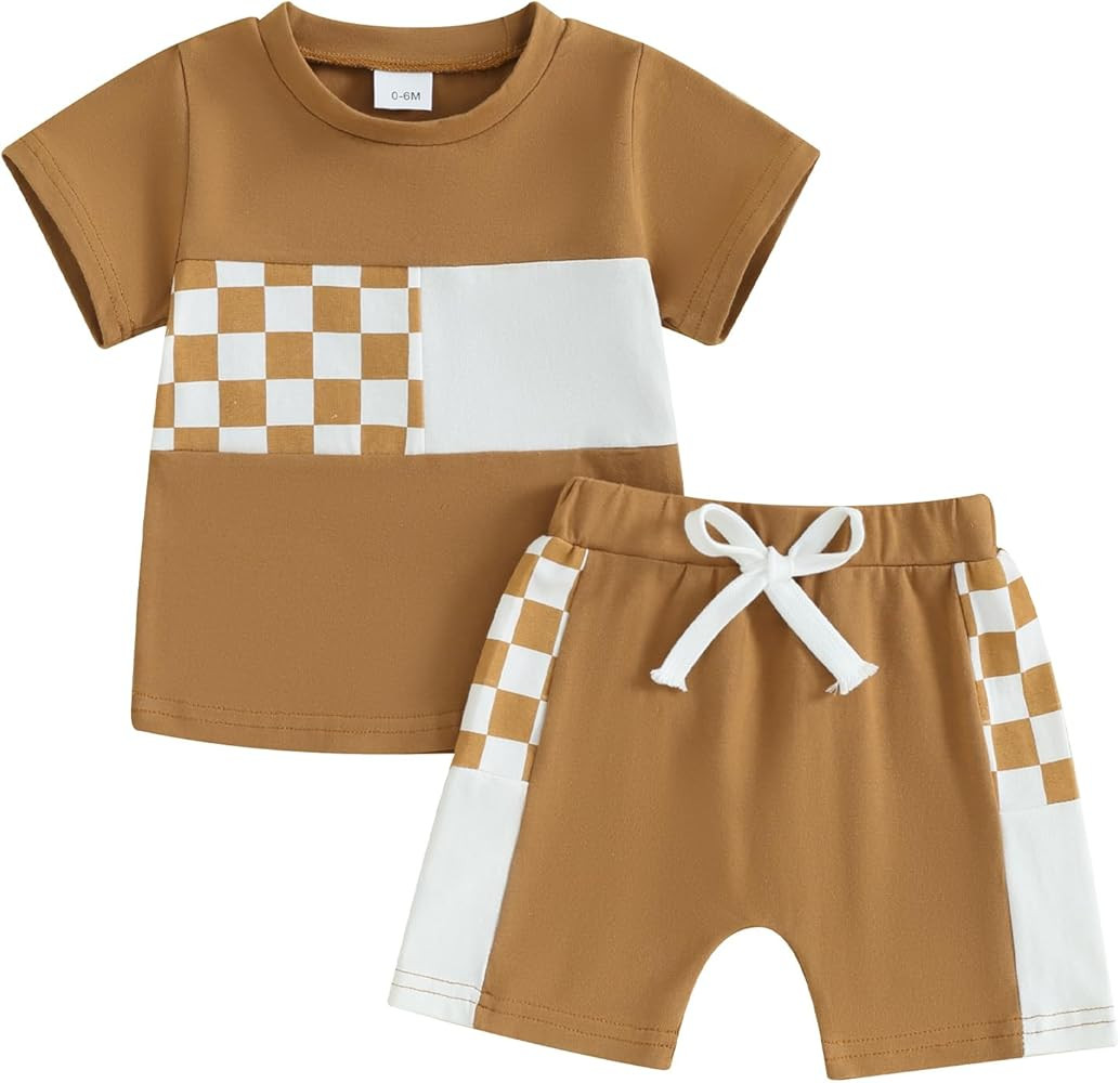 Toddler Baby Boy Summer Clothes Mamas Boy Set Fuzzy Letter Checkered Shirt Plaid Shorts Baby Boys... | Amazon (US)