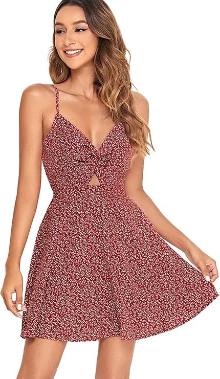 SheIn Women's Floral Cut Out Twist Front Ruffle Mini Dress V Neck Sleeveless A Line Flare Dresses... | Amazon (US)