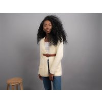 Chunky Knit Cardigan/Minimal Cream Puff Sleeve Vintage 70S Wide Rib Δ Size One Size | Etsy (US)