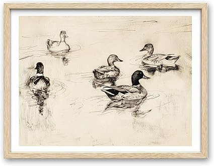 iHery Natural OAK Wood Cute Framed Wall Art, 12x16in Vintage Ducks Sketch Canvas Print, Cottageco... | Amazon (US)