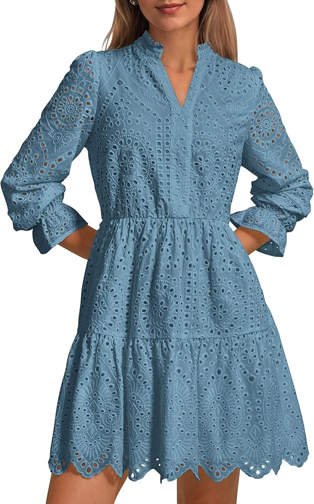 PRETTYGARDEN Women's Spring 2025 Long Puff Sleeve Mini Dress Hollow Out Lace V Neck A Line Ruffle... | Amazon (US)