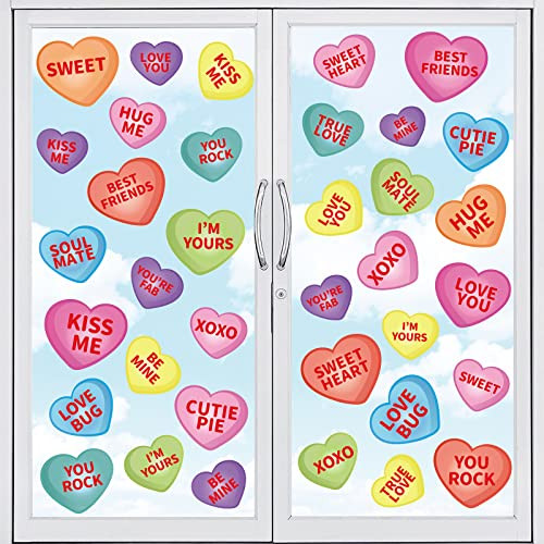 Whaline 9 Sheet Valentine's Day Window Clings Romantic Conversation Heart Window Decals Double-Sided Candy Heart Window Decor for Valentine's Day Home Office School Decor Party Supplies | Amazon (US)