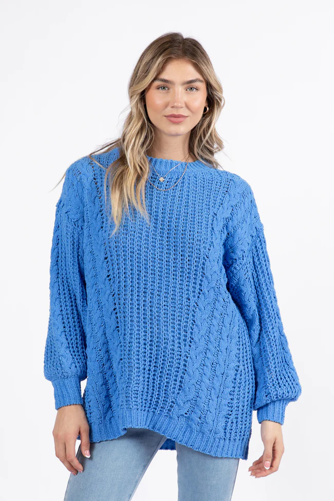 Wide Open Spaces Blue Oversized Chenille Crew Neck Sweater | Pink Lily