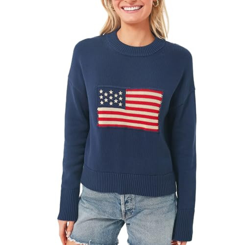 Women American Flag Sweater Long Sleeve Crew Neck Loose Fit Knit Pullover Tops USA Casual Loose P... | Amazon (US)