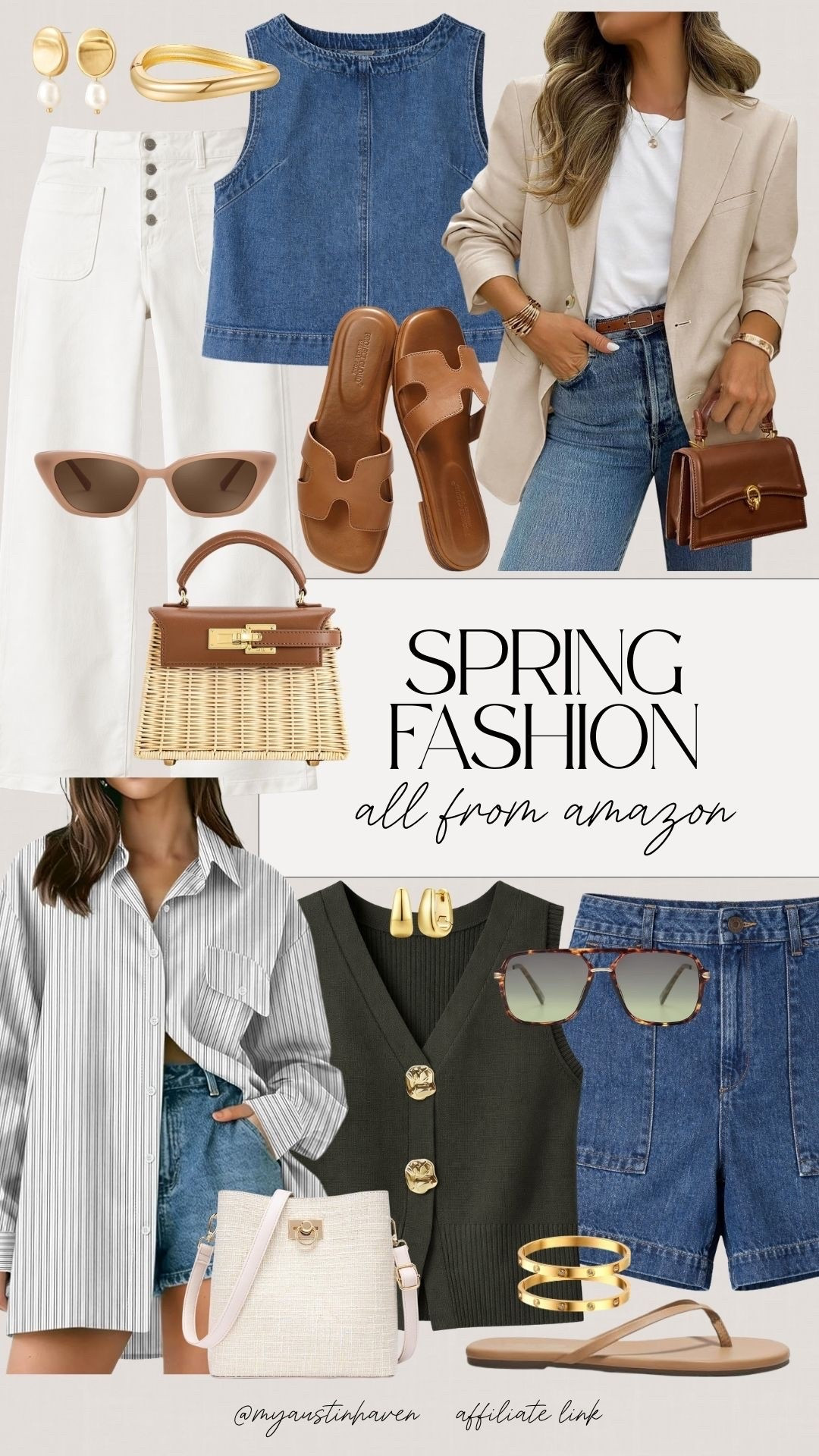 Spring fashion staples you’ll wear on repeat. 🤍 Effortless denim, chic layers, and the best Amazon accessories to pull it all together. Designer-inspired style without the designer price.

Amazon spring fashion, neutral capsule wardrobe, classic denim outfits, beige blazer styling, white wide leg jeans, denim tank top, tailored denim shorts, striped button down shirt, woven top handle bag, brown leather sandals, minimal gold jewelry, elevated everyday basics, chic warm weather outfits, affordable designer inspired finds.

#LTKdayinmylife #LTKgrwm #LTKootd