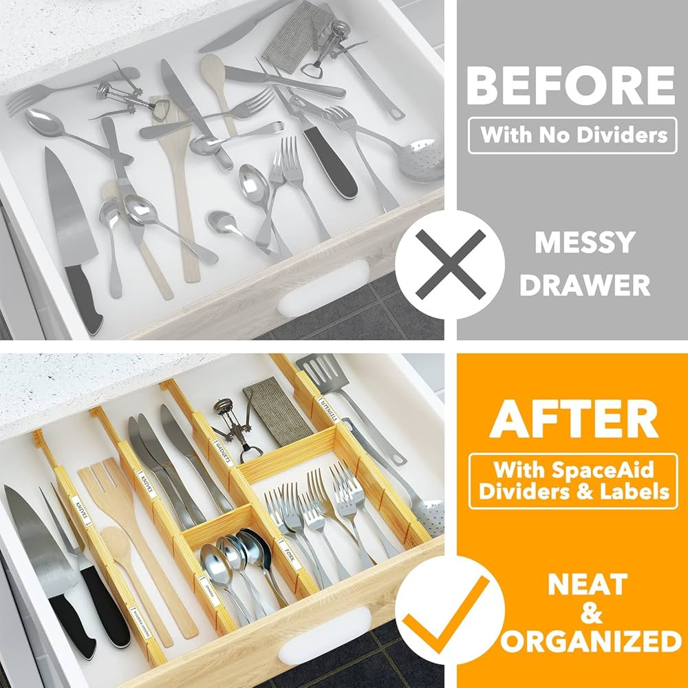 SpaceAid Bamboo Drawer Dividers with Inserts and Labels, Kitchen Adjustable Drawer Organizers, Ex... | Amazon (US)