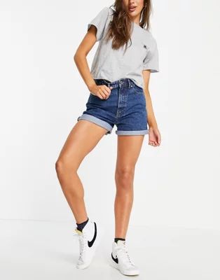 Pull&Bear denim mom shorts with rolled hem in dark blue | ASOS (Global)