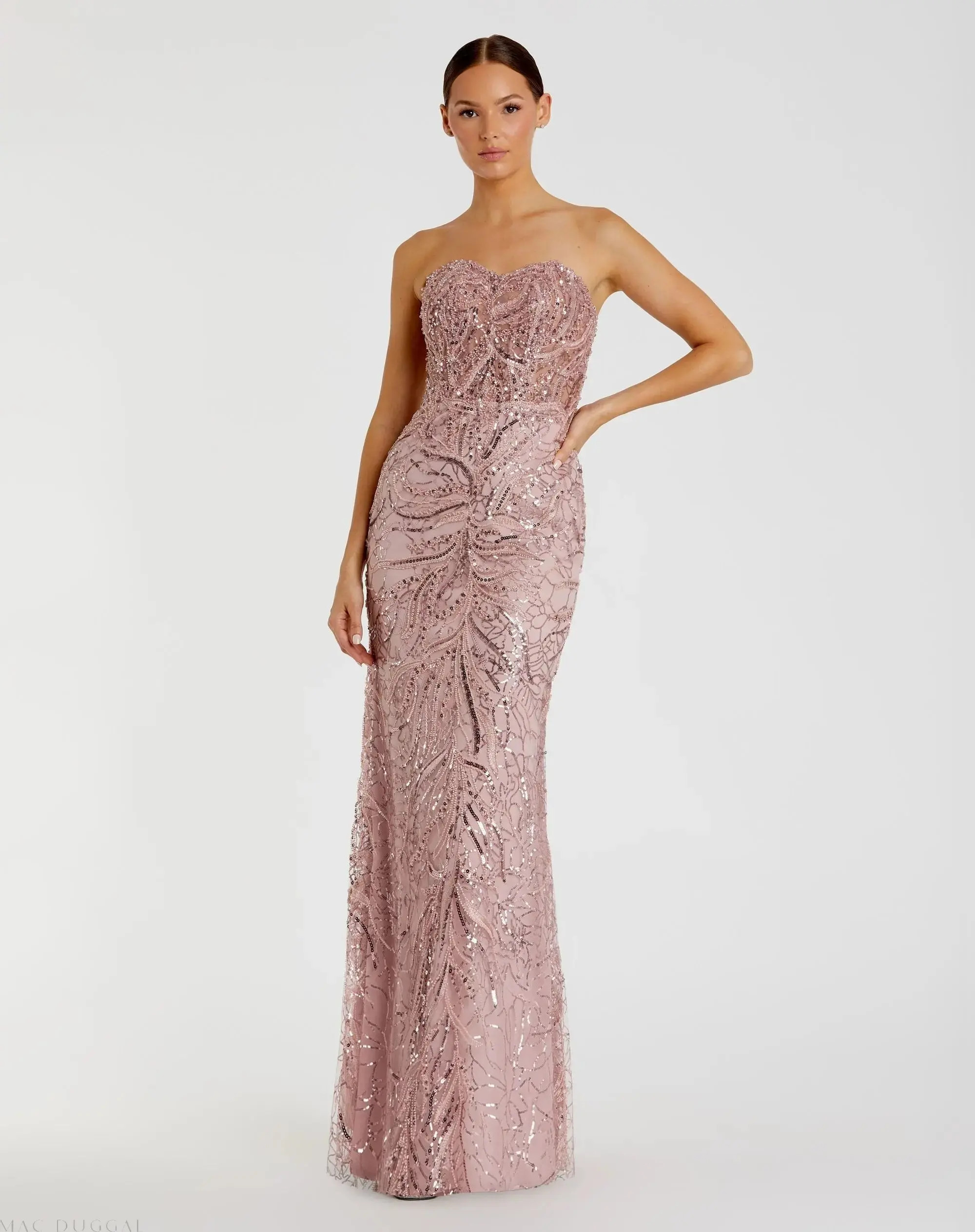 Pink Beaded Sequin Strapless Trumpet Gown | Mac Duggal | Mac Duggal