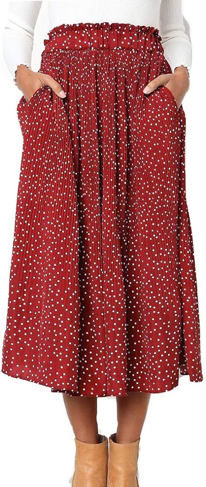 Naggoo Women's Polka Dot Midi Skirts Casual High Elastic Waist A Line Pleated Midi Chiffon Skirts... | Amazon (US)