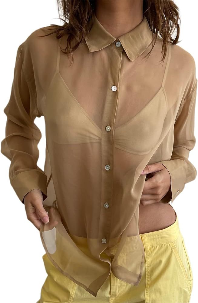 Women’s Sheer Button Up Shirt Y2K Long Sleeve Lapel V Neck Mesh Top Vintage See Through Basic B... | Amazon (US)