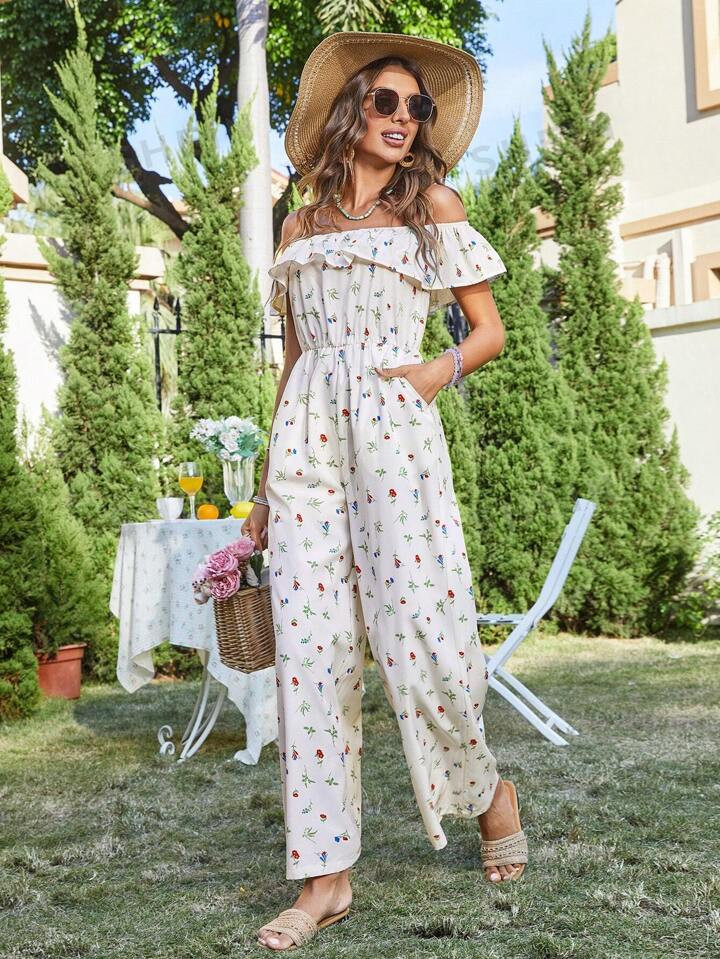 SHEIN VCAY Floral Print Vacation Style Off Shoulder Jumpsuit For Women Country,Women Jumpsuits | SHEIN