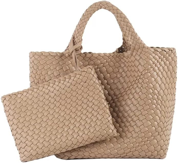 Spring & Summer Handmade Woven Tote Handbag, Vegan Leather, Khaki, Light Brown, Black | Amazon (US)