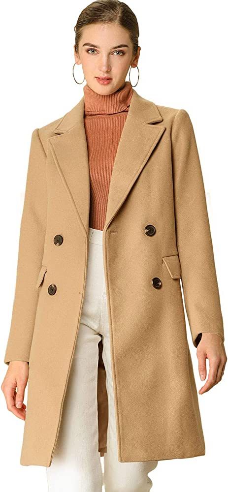 Allegra K Women's Notch Lapel Double Breasted Belted Mid Long Outwear Winter Coat | Amazon (US)