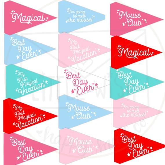 Mouse Pennant Flags; set of 24 magical vacation printable flags; Mouse birthday; mouse digital do... | Etsy (US)