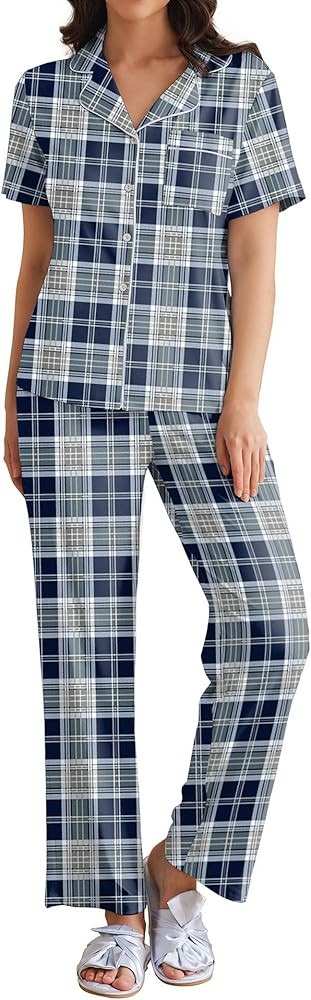 Ekouaer Womens Pajamas Set Plaid PJs Soft Button Down Sleepwear Short Sleeve Nightwear with Long ... | Amazon (US)